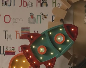 Nachtlampje houten raket – Space-kinderkamerlamp, handgemaakt leddecor
