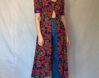 80s Black Floral Button Front Dress