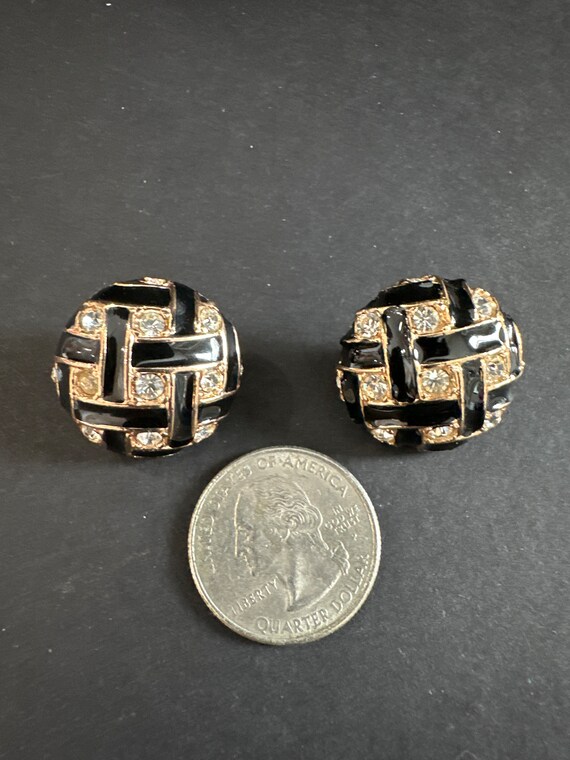 Vintage ROMAN Clip Earrings Black Enamel Rhinesto… - image 6