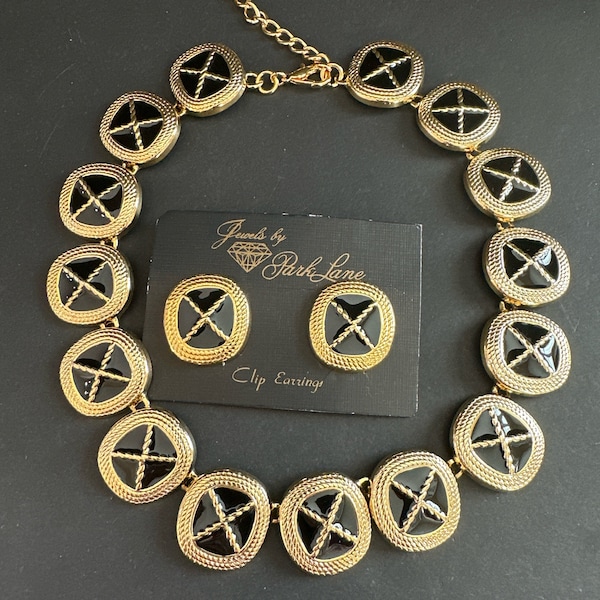 Park Lane Criss Cross Necklace Clip Earring Set Black Enamel  Gold Tone