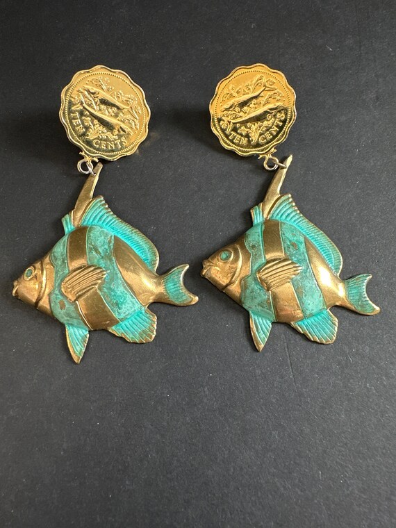 Green Verdigris Fish Earrings Bahamas Coin Drop Da