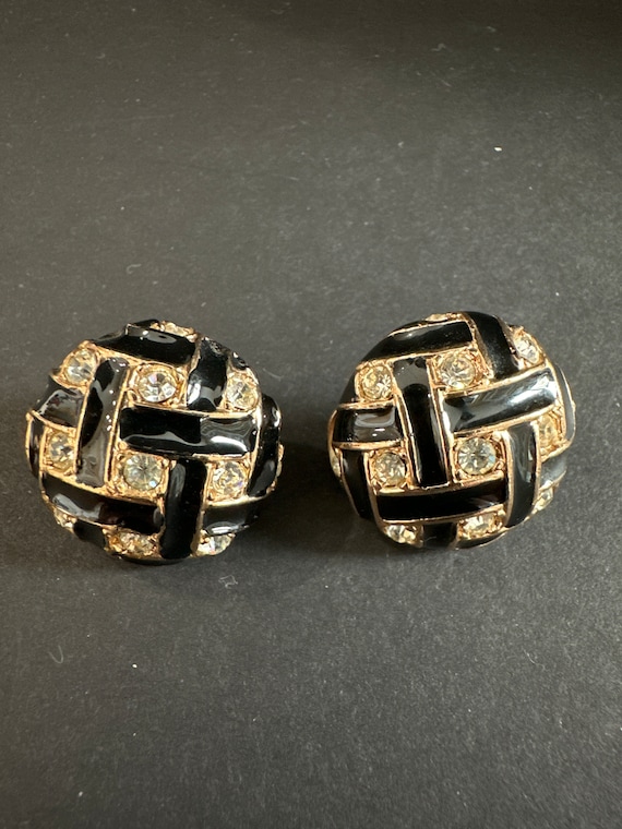Vintage ROMAN Clip Earrings Black Enamel Rhinesto… - image 2
