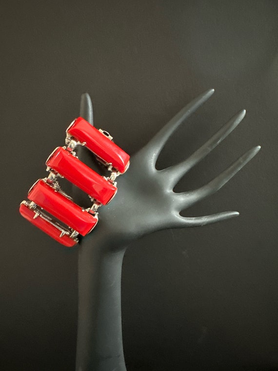 50’s Chunky Red Thermoset Link Bracelet Silver Ton