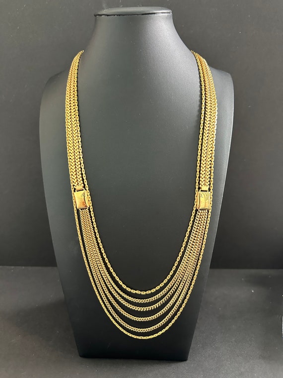 MONET Signed Long Multi Chain Necklace Gold Tone