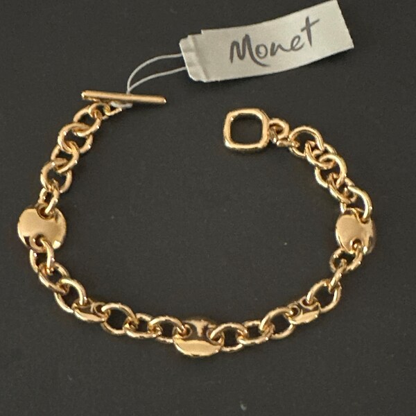 Vintage Monet Chain Link Bracelet New Old Stock 8” Gold Tone Signed