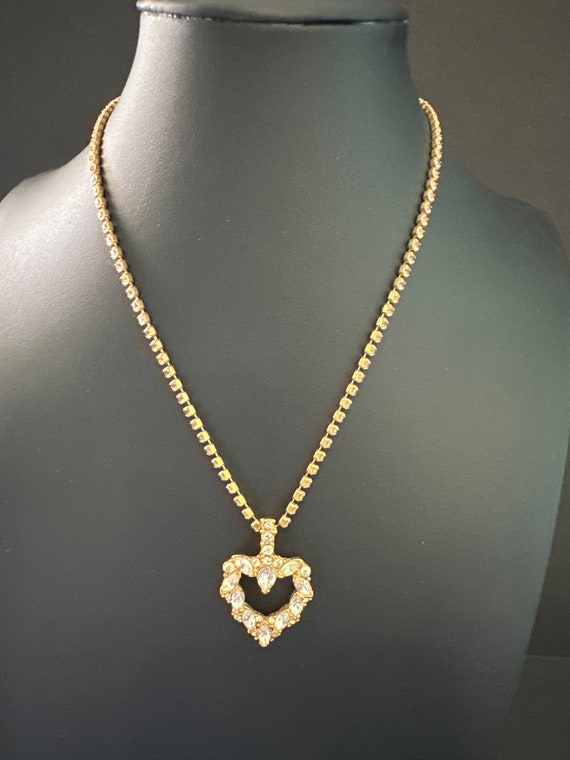 Monet Clear Rhinestone Heart Necklace Gold Tone