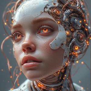 May include: A portrait of a person with fair skin and orange eyes. The person's face is adorned with metallic components and wiring, suggesting a cyborg or futuristic aesthetic. The image has a soft focus and a futuristic theme.