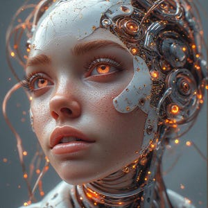 Op de afbeelding: Een portret van een persoon met een lichte huid en rood haar, versierd met futuristische cybernetische verbeteringen. De ogen gloeien oranje en het gezicht is gedetailleerd met sproeten. Het ontwerp bevat metalen en gloeiende elementen.