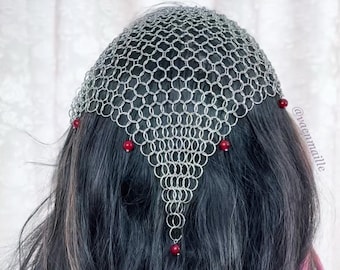Chainmail Bandana | Statement Headpiece + Bib Necklace | Stainless Steel, Red Quartz Beads | Adjustable, Waterproof