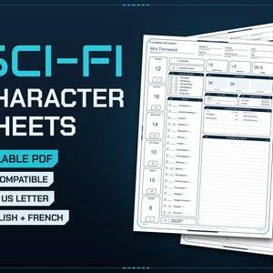 Fiche de personnage science-fiction 5E | PDF remplissable en français et anglais | Fiche de sorts, cartes de sorts | JdR futuriste