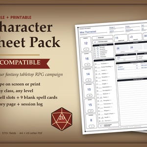 Puede incluir: Un paquete de hojas de personaje rellenables e imprimibles para campañas de juegos de rol de mesa compatibles con 5E. El documento muestra una hoja blanca con texto negro, casillas para estadísticas, habilidades y rasgos, y un icono de dado de 20 caras rojo con el número 20.