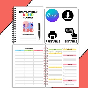 May include: A spiral-bound ADHD planner with a white cover featuring the text "DAILY & WEEKLY ADHD PLANNER." The planner includes sections for contacts, daily tasks, and goal setting. A black pen rests beside the planner.