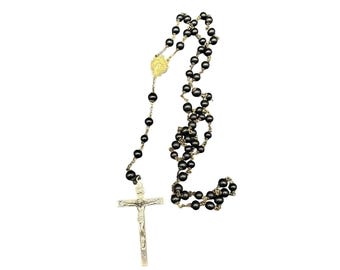 Vintage WWII Black Wood Bead Catholic Rosary Crucifix INRI Jesus JS