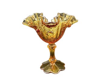 Vintage Amber Fenton Footed Compote Ruffled 6 1/4" Candy Bowl JS