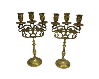 Antique Brass Candelabras Pair Lion of Judah Candle Holders Shabbat 12 In.