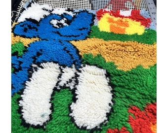 Smurf Mushroom Latch Hook Rug Hanging Tapestry Vintage 80s Partially completed