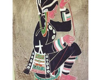 Vtg Chinese Folk Art Batik Painting Textile Woman Traditional Clothing Tribal