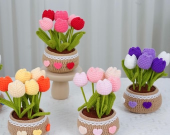 Handmade Crochet Tulip Flowers in Pot - Colorful Home Decor & Gift