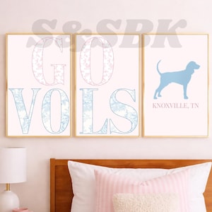 May include: Three framed wall art prints with gold borders. The first two prints feature the text GO VOLS in large serif letters with a floral pattern. The third print displays a light blue silhouette of a dog and the text KNOXVILLE, TN.