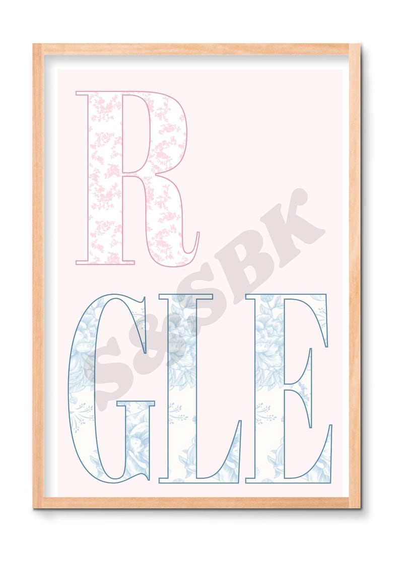 May include: A framed wall art print featuring the letters R, G, L, and E in a serif font. The letter R is filled with a pink floral pattern, while the letters G, L, and E are filled with a blue floral pattern, all set against a pale pink background.