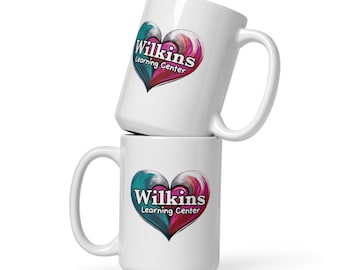Taza blanca brillante con logo de WLC Heart - 3 tamaños