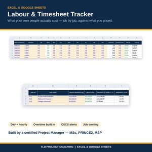 May include: An Excel and Google Sheets Labour & Timesheet Tracker template featuring two data tables for tracking employee hours, job costs, and labour allowances. The interface includes columns for dates, operative names, job references, and financial variance calculations.