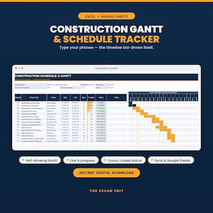 Könnte beinhalten: Eine digitale Bau-Gantt- und Zeitplan-Tracker-Vorlage für Excel und Google Sheets. Die Benutzeroberfläche zeigt eine Projekttabelle mit Phasen-IDs, Aufgaben, Verantwortlichen, Daten und Statusleisten. Zu den Funktionen gehören ein automatisch erstelltes Gantt-Diagramm, prozentualer Fortschritt und farbcodierte Statusanzeigen.