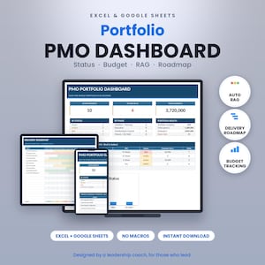 Op de afbeelding: Een digitaal PMO-portfolio dashboard sjabloon voor Excel en Google Sheets. Het display toont projectstatus, budget, RAG en roadmap-gegevens op een monitor, tablet en smartphone. Bevat ronde iconen voor Auto RAG, Delivery Roadmap en Budget Tracking functies.