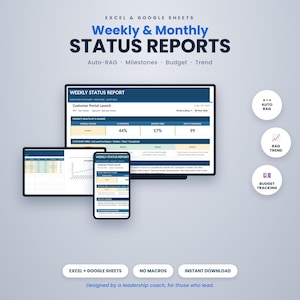 Può includere: Un modello digitale per Excel e Google Sheets intitolato Weekly & Monthly STATUS REPORTS. Mostra dashboard sullo stato del progetto, tabelle e grafici di tendenza su un monitor, un tablet e uno smartphone con Auto-RAG e budget tracking.
