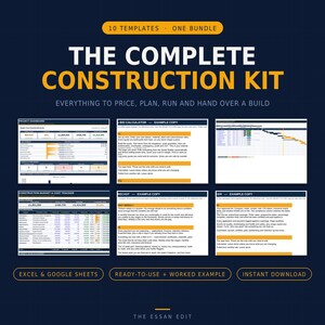 Op de afbeelding: Een digitaal pakket genaamd The Complete Construction Kit met 10 sjablonen voor Excel en Google Sheets. De donkerblauwe afbeelding toont zes voorbeelden van projectdashboards, biedingscalculators en budgettrackers met gele tekst.