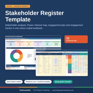 Könnte beinhalten: Eine digitale Stakeholder-Register-Vorlage für Excel und Google Sheets mit einem Dashboard, einem Ringdiagramm, einer Registertabelle und 10 Arbeitsblatt-Tabs. Das Layout enthält Textbeschriftungen für Stakeholder-Analyse, Macht-Interessen-Matrix und Engagement-Tracking in einem farbcodierten Format.