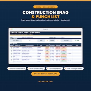 May include: A digital construction snag and punch list template for Excel and Google Sheets. The interface displays a project summary with total snags, open, overdue, and closed percentages, alongside a detailed register of defects by location, trade, and priority.