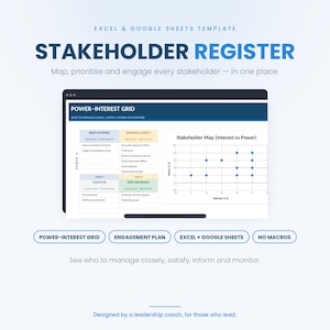 Puede incluir: Una plantilla digital para Excel y Google Sheets titulada Stakeholder Register. Incluye una cuadrícula de poder-interés, un mapa de partes interesadas con puntos de datos y secciones para gestionar, satisfacer, informar y monitorear.