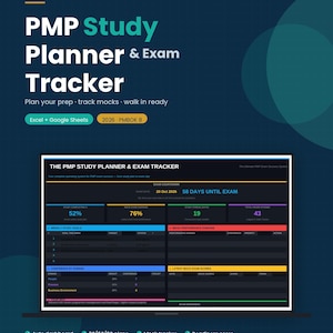 Könnte beinhalten: Ein digitaler PMP-Studienplaner und Prüfungs-Tracker auf einem Laptop-Bildschirm. Die Benutzeroberfläche im Dark Mode enthält farbige Daten-Widgets, darunter einen Prüfungs-Countdown, Lernfortschrittsanzeigen, Prüfungsergebnisse und Wochenziele.