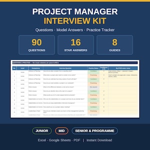 May include: A digital project manager interview kit document featuring the text Project Manager Interview Kit, 90 Questions, 16 Star Answers, and 8 Guides. It includes a table with columns for level, competency, interview question, practice status, and star notes.