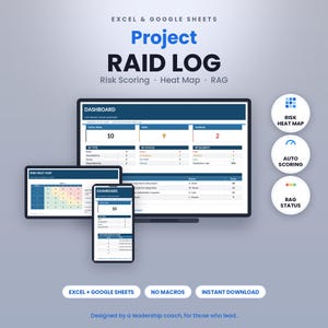 Op de afbeelding: Een digitaal projectmanagementtool voor Excel en Google Sheets genaamd Project RAID Log met functies voor risicoscore, heat map en RAG. Het display toont een dashboard, een risico-heat map en een mobiele weergave met datatabellen.