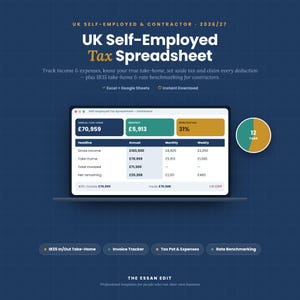 May include: A digital UK Self-Employed Tax Spreadsheet for 2026/27 displayed on a laptop screen. The dashboard shows financial data including annual take-home of £70,959, monthly income of £5,913, and an effective tax rate of 31%. Includes 12 tabs.