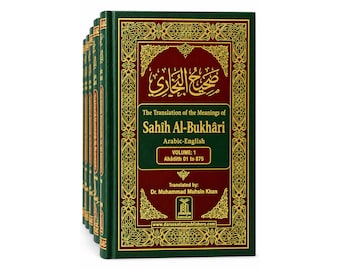 May include: A multi-volume set of books titled The Translation of the Meanings of Sahih Al-Bukhari. The covers are dark green with gold ornate borders and gold text. Volume 1 is displayed, showing the title, Arabic script, and translator name.