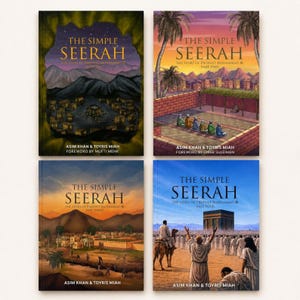 Könnte beinhalten: Vier Bücher mit dem Titel The Simple Seerah: The Story of Prophet Muhammad. Jedes Cover zeigt detaillierte Illustrationen historischer Landschaften, Architektur und Figuren. Die Autoren Asim Khan und Toyris Miah sind auf jedem Cover genannt.