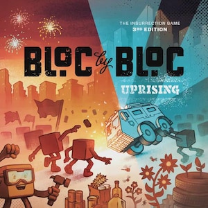 May include: Box art for "BLOC by BLOC: Uprising," a board game. The cover features a split design with orange and blue backgrounds. Cartoon figures with block-shaped bodies are shown in a city setting, with the game title prominently displayed.