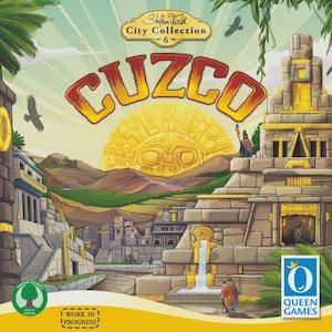 Può includere: Scatola del gioco da tavolo "Cuzco" della City Collection. L'illustrazione mostra una vivace scena cittadina con architetture antiche, un grande disegno solare e la parola "CUZCO". È presente anche il logo "Queen Games".
