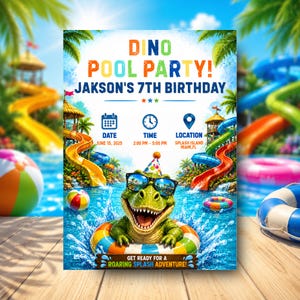 Dino Pool Party Invitation | Dinosaur Birthday Invite | Waterpark Birthday Party | Editable Canva Template | Any Age Boy