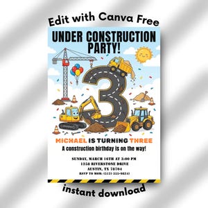Può includere: Un invito colorato per una festa di compleanno a tema costruzioni. Il design presenta veicoli da cantiere dei cartoni animati, un grande numero 3 e il testo "UNDER CONSTRUCTION PARTY!" con i dettagli della festa.