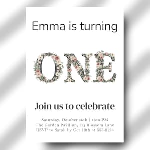 One Year Old Girl Birthday Invitation | Elegant Floral | First Year Milestone | Baby Girl | Canva Editable | Digital Download