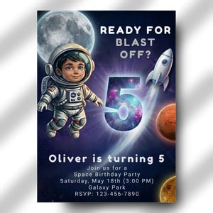Space Birthday Boy 5th Party Invite, Astronaut Template, Galaxy Celebration,Digital Download