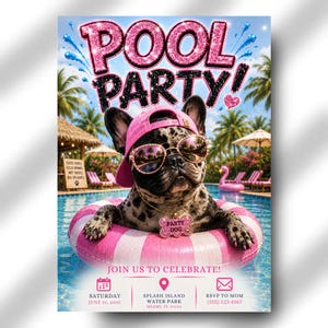 Può includere: Un invito per una festa in piscina con un bulldog francese con cappellino e occhiali da sole rosa, che galleggia in un salvagente a righe rosa. Il testo recita POOL PARTY!, JOIN US TO CELEBRATE!, SATURDAY JUNE 21, 2025, SPLASH ISLAND WATER PARK MIAMI, FL 33101, RSVP TO MOM (555) 123-4567.