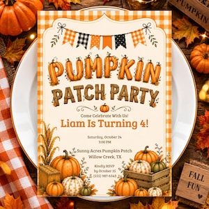 Può includere: Un biglietto d'invito rettangolare con un bordo a quadretti arancione e bianco. Il testo recita Pumpkin Patch Party, Liam Is Turning 4, Saturday, October 24, 3:00 PM, Sunny Acres Pumpkin Patch, Willow Creek, TX, e RSVP by October 15, (555) 987-6543.
