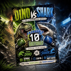 Dino vs Shark Birthday Invitation | Boxing Birthday Party | Team Dino Team Shark Invite | Epic Birthday Battle Canva Template