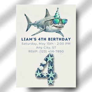 Shark Birthday Invitation 4th Birthday Invite | Shark Boy Party | Boys 4th Birthday | Kids Shark Party | Shark Theme Birthday Editable Canva