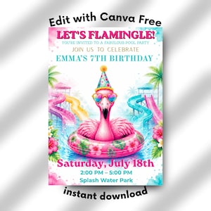 Può includere: Invito rosa e blu con un fenicottero con occhiali da sole a forma di cuore e un cappello da festa. L'invito dice "Let's Flamingle!" e invita alla festa di compleanno di Emma il 18 luglio.